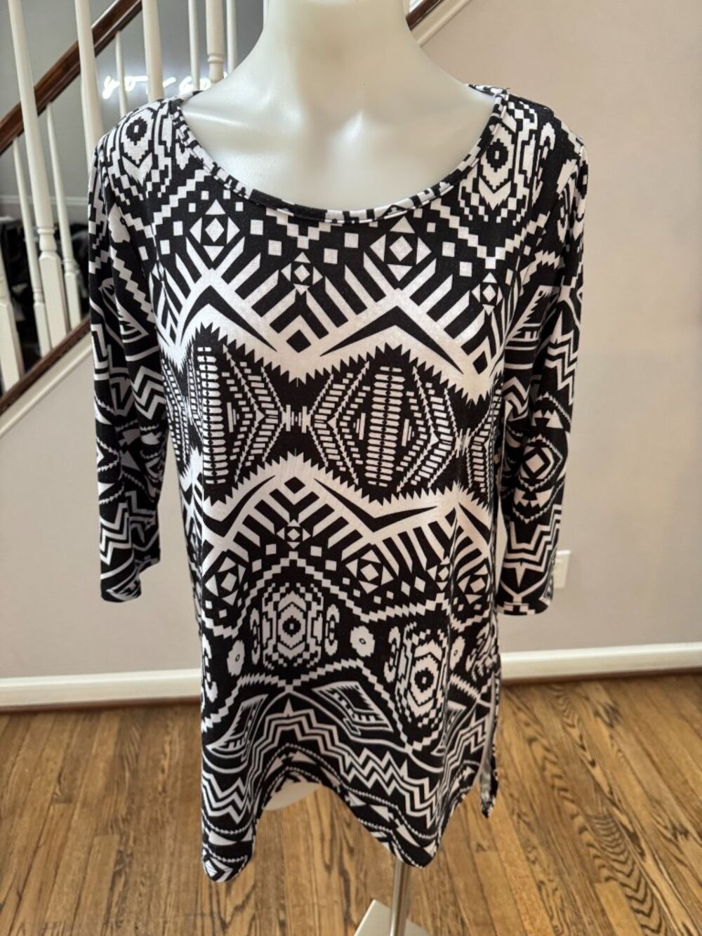 Lyss Loo Black White Printed Long Sleeve Tunic Top Dress Size Large